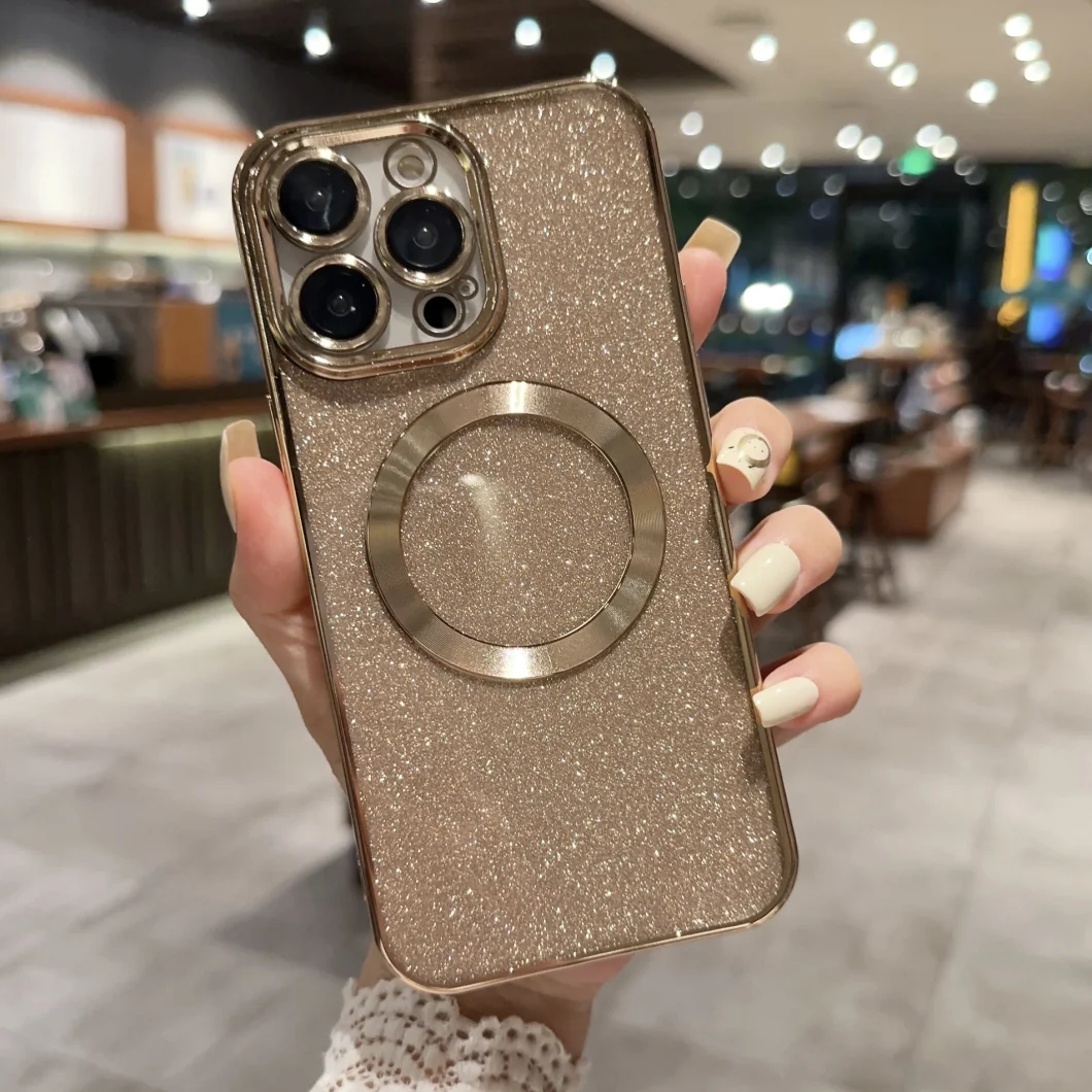 New Luxury Transparent Flash Powder Magnetic Mobile Phone Case Lens Protection for iPhone 11 12 13 14 PRO Max with Wireless Charging